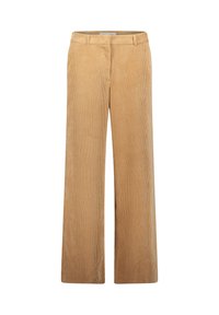 Tanjebruine wijde corduroy broek met verticale ribbels, voorzien van riemlussen en een gestructureerde tailleband voor een gekleed pasvorm.