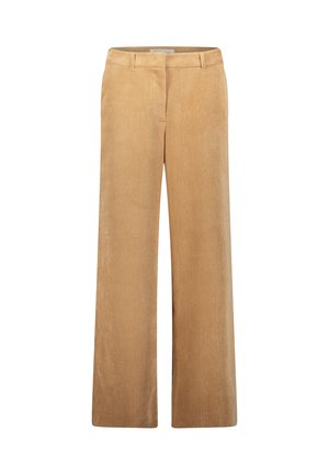Tan brede ben corduroy bukser med lodrette ribber, der har bæltestropper og et struktureret liv for en skræddersyet pasform.