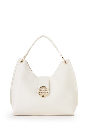 White leather shoulder bag with a curved strap and gold decorative circular clasp at the front center.