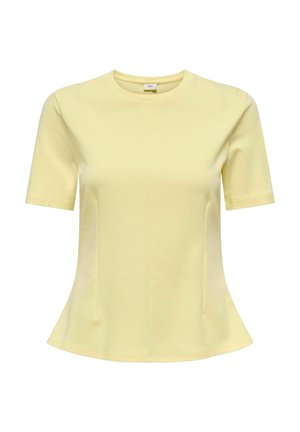 Camiseta amarilla de manga corta hecha de una tela suave, con un cuello redondo y un dobladillo ligeramente acampanado con detalles en las costuras laterales.