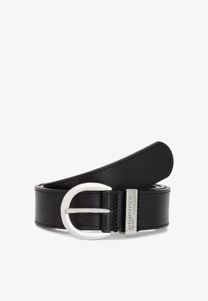 Black leather belt with a smooth texture, a silver circular buckle, and a rectangular buckle strap detail. Classic and functional design.