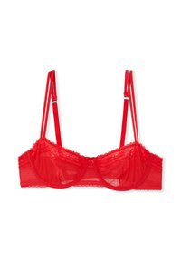 Rotes Spitzen-Bralette mit Bügel, verstellbaren Trägern, verspielten Rändern und halbtransparentem Stoff für ein zartes Aussehen.