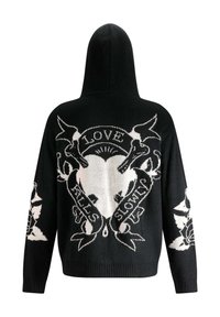 Hoodie noir avec un design graphique blanc au dos, représentant un cœur, des skulls, et le texte "L'AMOUR TUE LENTEMENT." Texture tricotée.