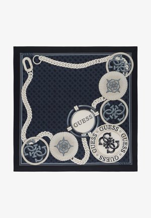 Silk scarf featuring a dark navy background with a cream chain pattern, round logo accents, and geometric designs in blue and cream.