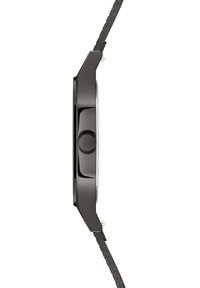 Orologio in acciaio inox nero con cassa circolare, corona texturizzata e cinturino intrecciato nero, che mostra superfici lisce e bordi affilati.