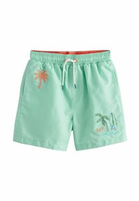 Shorts de bain vert menthe en tissu léger, arborant un design brodé de palmier et de planche de surf avec taille à cordon.