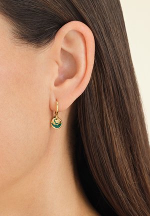 Gouden oorbel met een ronde hanger voorzien van groene emaille details. Het ontwerp is glad met een gepolijste afwerking en een lichte glans.