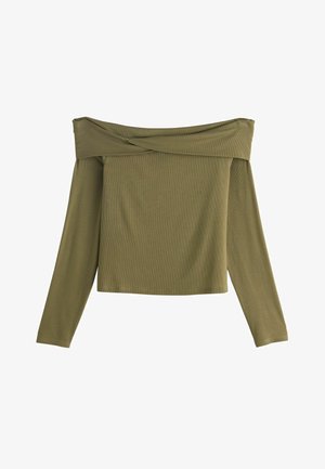 Olive green off-the-shoulder long-sleeve top with a ribbed texture and cross-over detail at the neckline. Smooth fabric, relaxed fit.