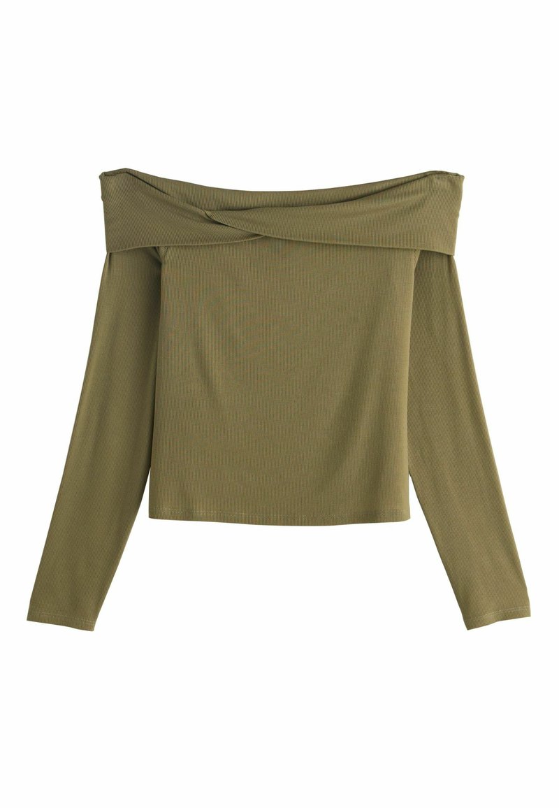 Olive green off-the-shoulder long-sleeve top with a ribbed texture and cross-over detail at the neckline. Smooth fabric, relaxed fit.