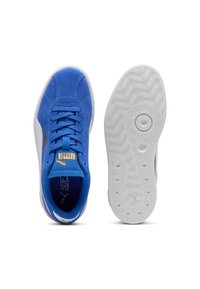 Sneaker blu in pelle scamosciata con suole in gomma bianca. Presenta un logo dorato di lato e motivi testurizzati sulla suola per una migliore aderenza.