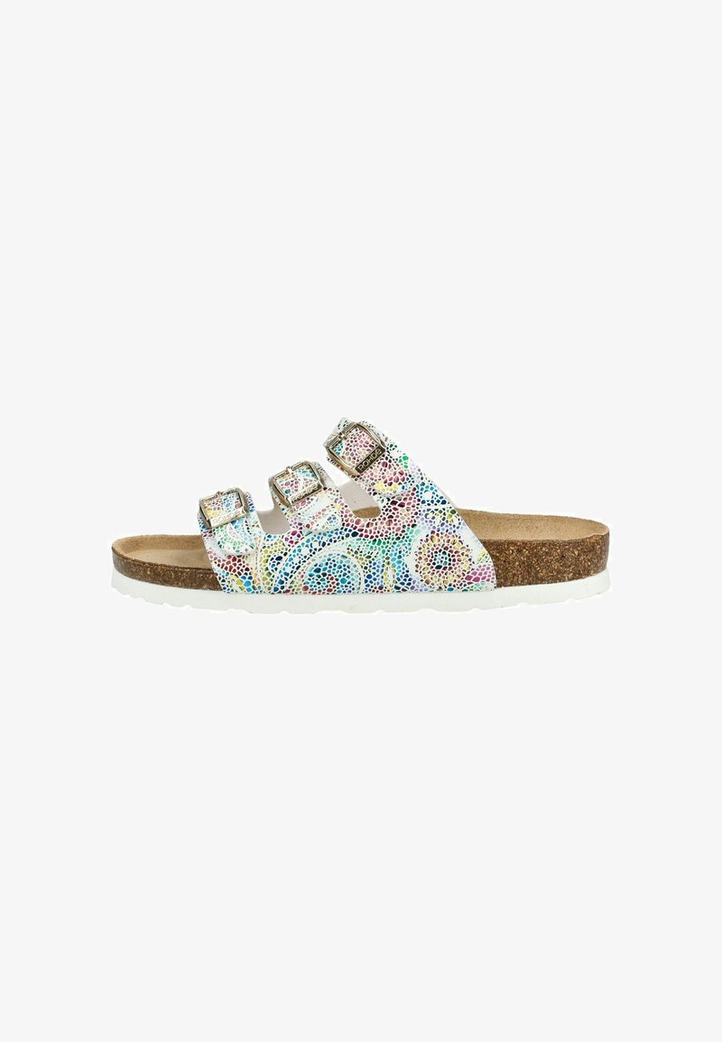 Sandale blanche avec semelle en liège, trois boucles métalliques réglables et motif tourbillon de mosaïque multicolore sur les sangles.