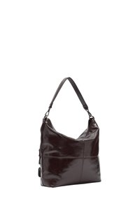 Dunkelbraune Leder-Schultertasche mit einem einzelnen Riemen und sichtbaren Nähten auf der glatten, leicht glänzenden Oberfläche.