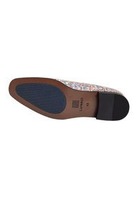 Printed textile shoe with a multi-colored pattern, brown leather sole, black textured heel, and marked with "Lureaux 43."