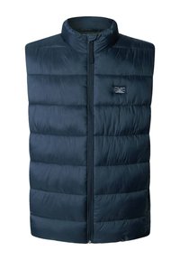 Marineblå quiltet utenermed høy krage og frontglidelås, med en liten Pepe Jeans-logo på brystet.
