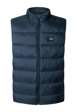 Marineblå quiltet utenermed høy krage og frontglidelås, med en liten Pepe Jeans-logo på brystet.