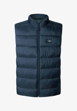 Colete sem mangas, acolchoado, em azul-marinho, com gola alta e fecho frontal, apresentando um pequeno logótipo da Pepe Jeans no peito.