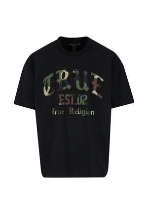 Tricou negru din bumbac, cu text brodat multicolor care spune "TRUE EST.02 True Religion" în diverse stiluri și modele.