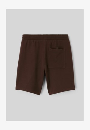 Shorts en coton marron avec une taille élastique et une poche arrière simple. Texture lisse, design au genou, sans fermetures visibles.