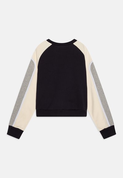 Schwarzes und cremefarbenes Sweatshirt mit grauen Akzenten. Besitzt Raglanärmel, einen Rundhalsausschnitt, gerippte Bündchen und eine schlichte Textur.