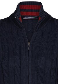 Maglione in maglia blu navy con zip frontale e motivo a trecce. Presenta un alto collo con fodera a righe rosse e blu navy. Etichetta del marchio visibile.
