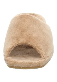 Beige offene Hausschuhe mit einem weichen, plüschigen Obermaterial und einer strukturierten Oberfläche. Sie haben eine flache Sohle und keine sichtbaren Beschläge oder Akzente.