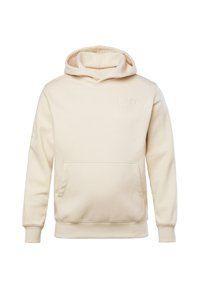 Sudadera beige hecha de una tela suave, con un bolsillo frontal y capucha ajustable con cordón. Logo de texto grabado en el pecho y la manga.