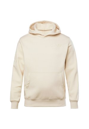 Sudadera beige hecha de una tela suave, con un bolsillo frontal y capucha ajustable con cordón. Logo de texto grabado en el pecho y la manga.