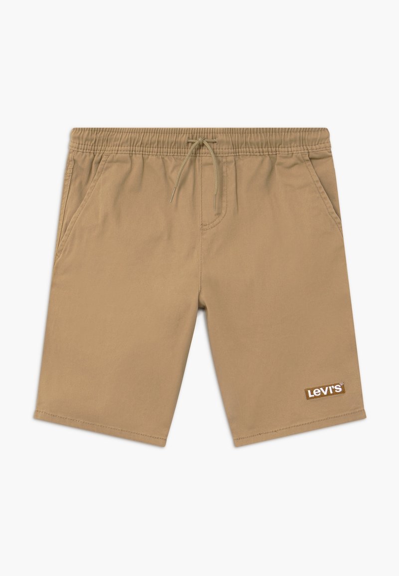 Béžové šortky vyrobené z lehké látky, s elastickým pasem, šňůrkou, bočními kapsami a hnědým logem Levi's na lemu.