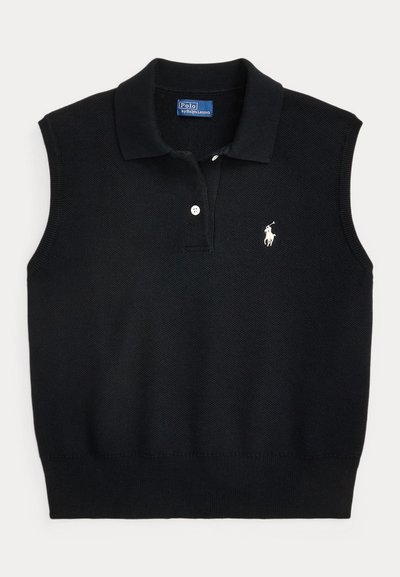 Melns piedurkņu trūkstošs polo džemperis no teksturētas adītas auduma ar ribveida apkakli, divu pogu aizdares joslu un baltu izšūtu logotipu.