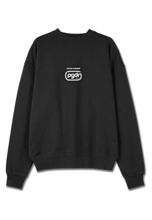Black cotton sweatshirt with a crew neck, featuring a white logo text "PEGADOR" and "pgdn" on the chest. Ribbed cuffs and hem.