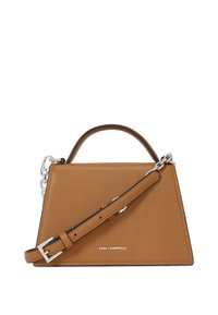 Borsa in pelle color tan con design geometrico, manico superiore e tracolla removibile. Presenta dettagli in metallo argentato e logo impresso sulla parte anteriore.