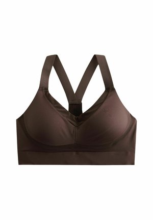 Brown sports bra with wide crossed straps and molded cups designed for support and comfort.