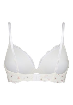 Reggiseno bianco con spalline regolabili, coppe sagomate, bordo in pizzo floreale lungo i bordi e chiusura posteriore con gancio e occhiello.