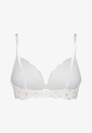 Reggiseno bianco con spalline regolabili, coppe sagomate, bordo in pizzo floreale lungo i bordi e chiusura posteriore con gancio e occhiello.