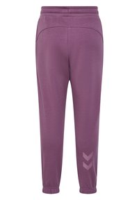 Pantalon de survêtement violet avec une taille élastique et des poignets fuselés, présentant un motif chevron subtil d'une teinte plus claire sur le bas de la jambe.