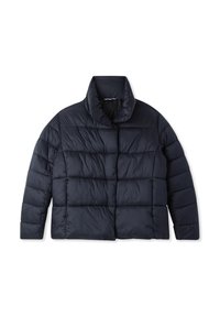 Czarna pikowana kurtka puchowa z wysokim kołnierzem, długimi rękawami i poziomymi przeszyciami, leżąca płasko na białym tle.