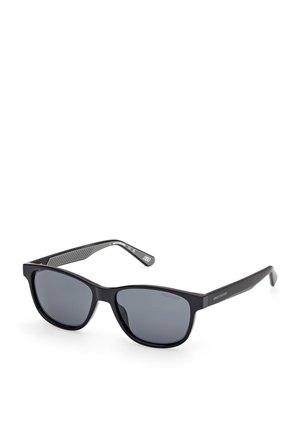 Black polarized sunglasses with a rectangular frame, grey lenses, and textured black arms featuring a diagonal stripe pattern.