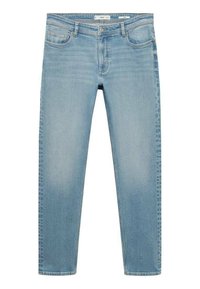Lichtblauwe denim jeans met een rechte snit, vijf zakken en een voorknopsluiting. Verweerde textuur met subtiele vervaging overal.