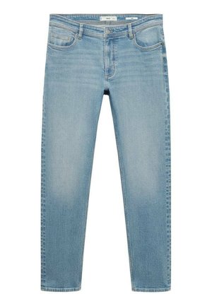 Lichtblauwe denim jeans met een rechte snit, vijf zakken en een voorknopsluiting. Verweerde textuur met subtiele vervaging overal.