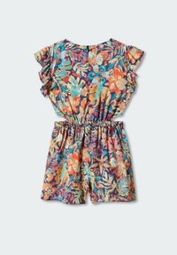 Květinový overal s krátkými volánkovými rukávy, elastickým pasem a barevnými tropickými vzory. Zapínání na knoflík na zádech, krátká délka.