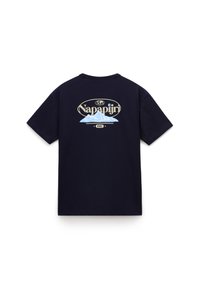 Navy blue cotton t-shirt featuring a graphic of mountains and the word "Napapijri" on the back, framed in an oval with a vintage style.