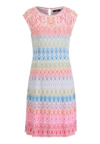 Abito a maglia con scollatura rotonda e maniche a cappuccio, caratterizzato da un motivo triangolare multicolore in rosa, blu, arancione e bianco.