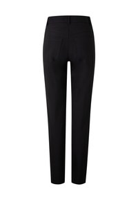 Black tailored trousers with a slim fit, composed of a smooth fabric. Features two back pockets with subtle stitching detail.