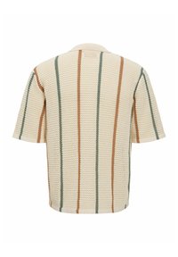 Pull court en maille crème à manches courtes avec des rayures verticales marron et vertes, vu de dos sur un fond blanc uni.