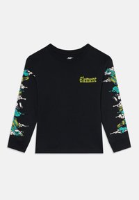 Camisa de manga larga negra con el texto "Element" en amarillo en el pecho y gráficos abstractos de patineta coloridos a lo largo de ambas mangas.