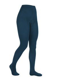 Dunkelblaue, blickdichte Strumpfhose an einer Schaufensterpuppe, bei der ein Fuß flach auf dem Boden steht und der andere leicht angehoben ist, vor weißem Hintergrund.