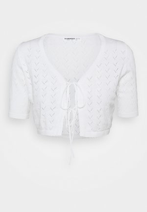 POINTELLE TIE FRONT CROP WITH SHORT SLEEVES LOW V NECK - Chaqueta de punto - white