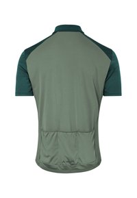 Maillot de cyclisme vert olive à manches courtes avec épaules vert foncé, poches arrière et logo Vaude en bas au centre.
