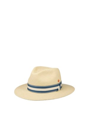 Beige woven fedora hat with a wide brim and a navy blue and white striped ribbon band around the base.