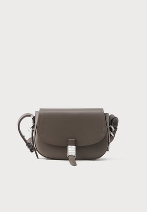 Dark green leather crossbody bag with a flap closure, silver hardware, adjustable strap, and smooth texture. Features minimalistic design.